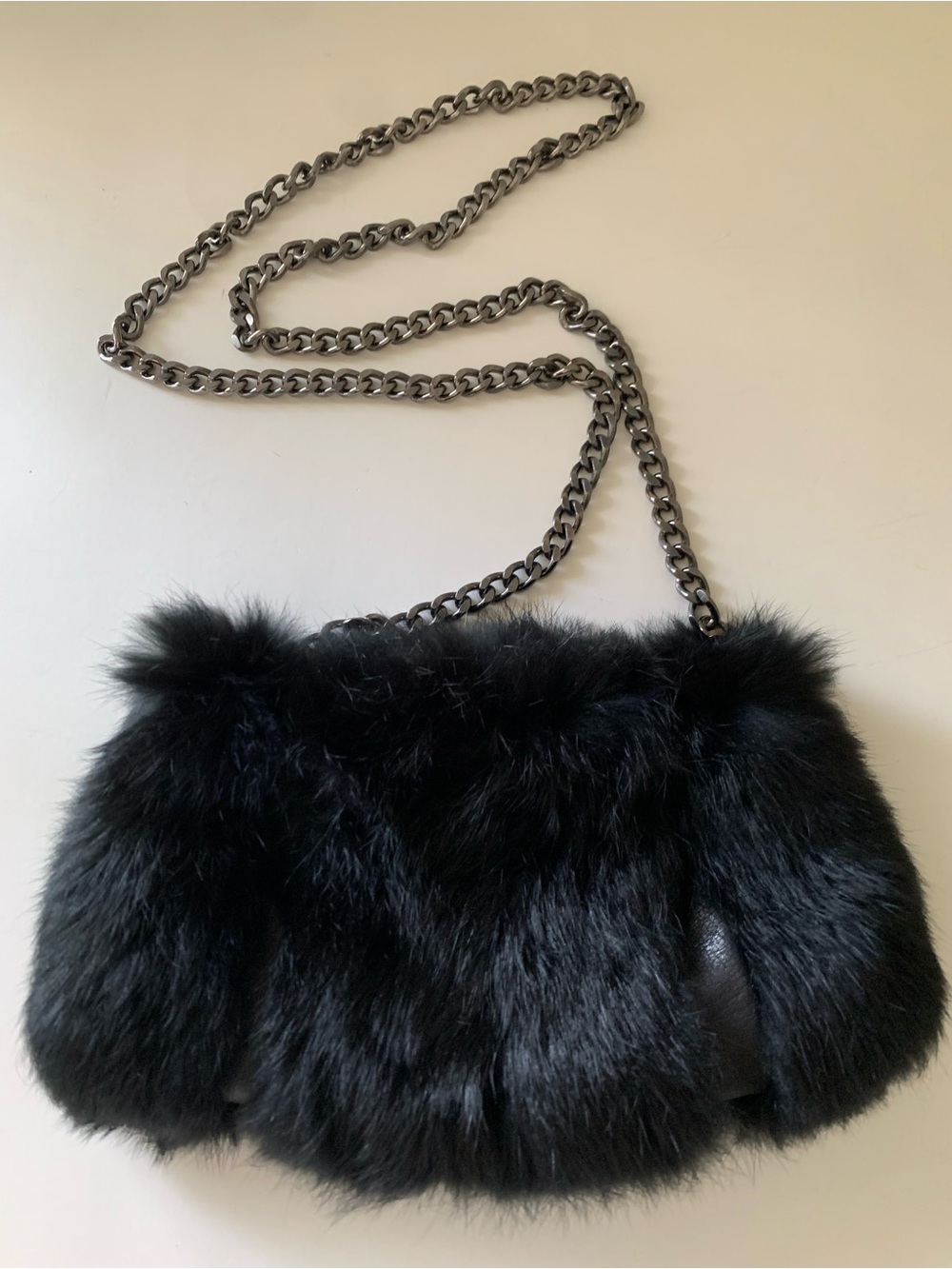 Abro Black Faux Fur and Genuine Leather Mixed Media Crossbody Bag